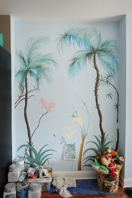 hand painted palm trees with branches and plants