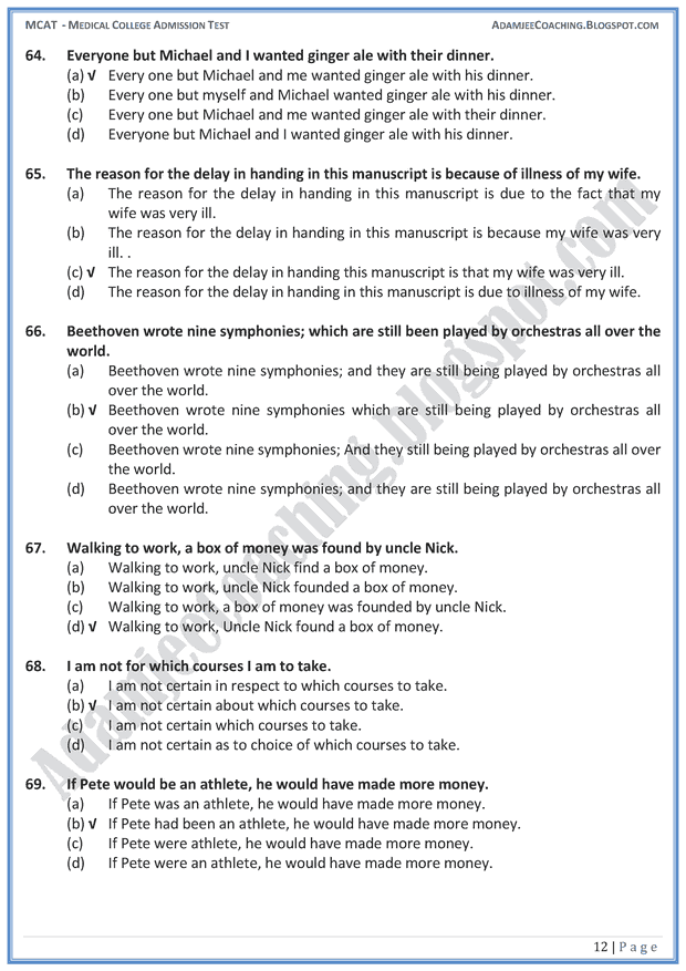 Adamjee Coaching MCAT English [Sentence Correction] Mcqs for Medical