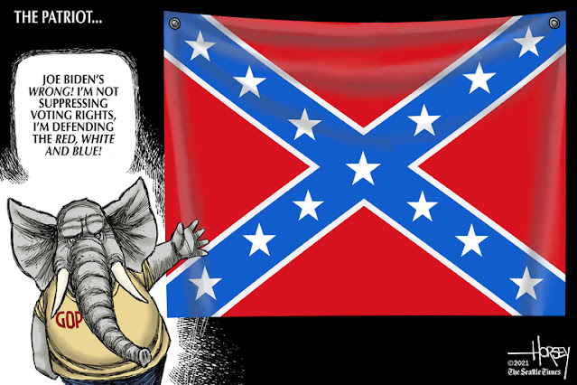 Republican Elephant standing next to the Confederate flag saying, 