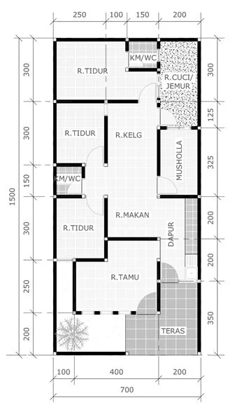 gambar denah rumah minimalis sederhana 3 kamar tidur 1 mushola