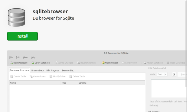 صفحة تثبيت تطبيق متصفح SQLite في تطبيق Ubuntu Software.