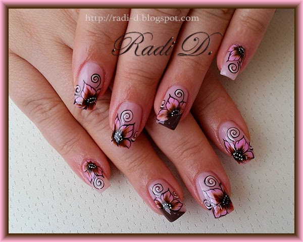 It`s all about nails: Brown & Pink one stroke flowers