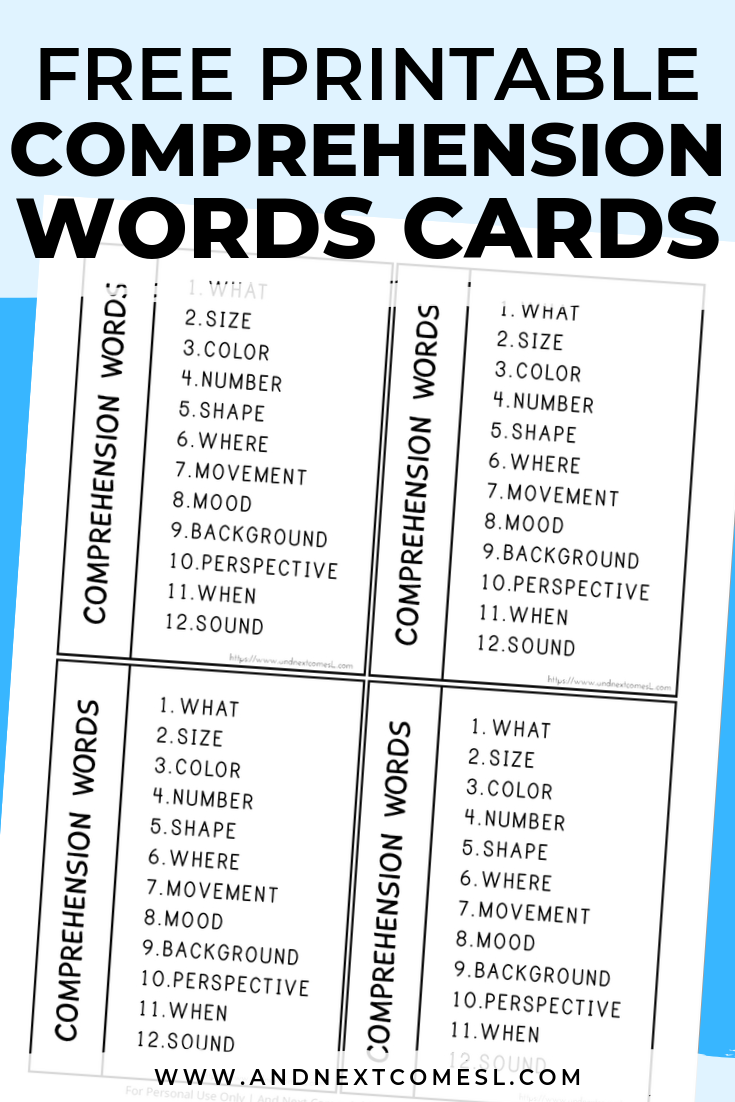 Free printable language comprehension words cards designed to supplement the Visualizing and Verbalizing reading comprehension kit