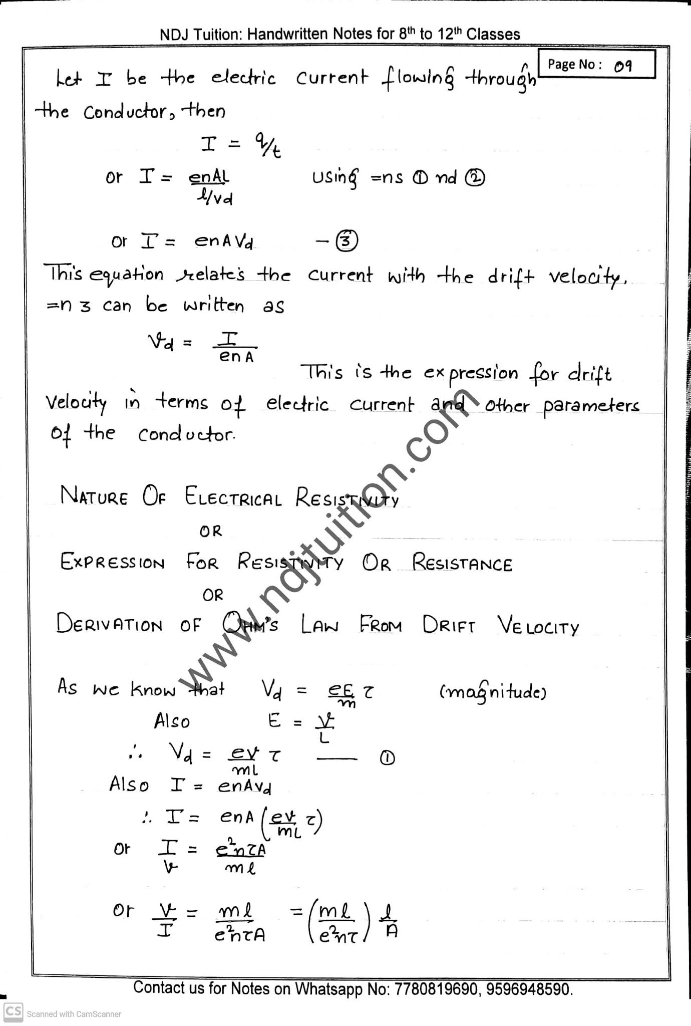 Current Electricity Class 12th Handwritten Notes CBSE NDJ Tuition