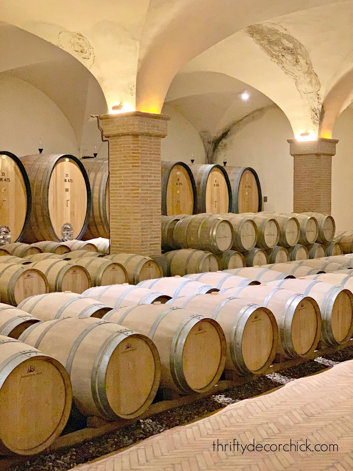 Light wood wine barrels brick floors in Italy 