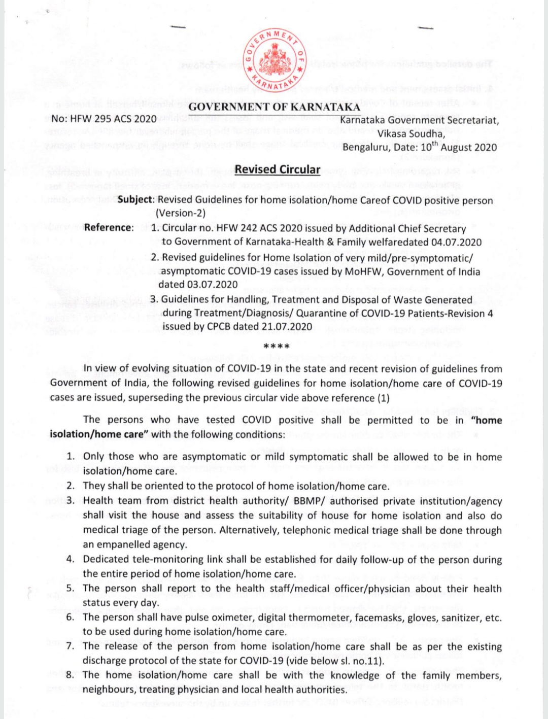 Revised guidelines for home isolation and home care of COVID 19