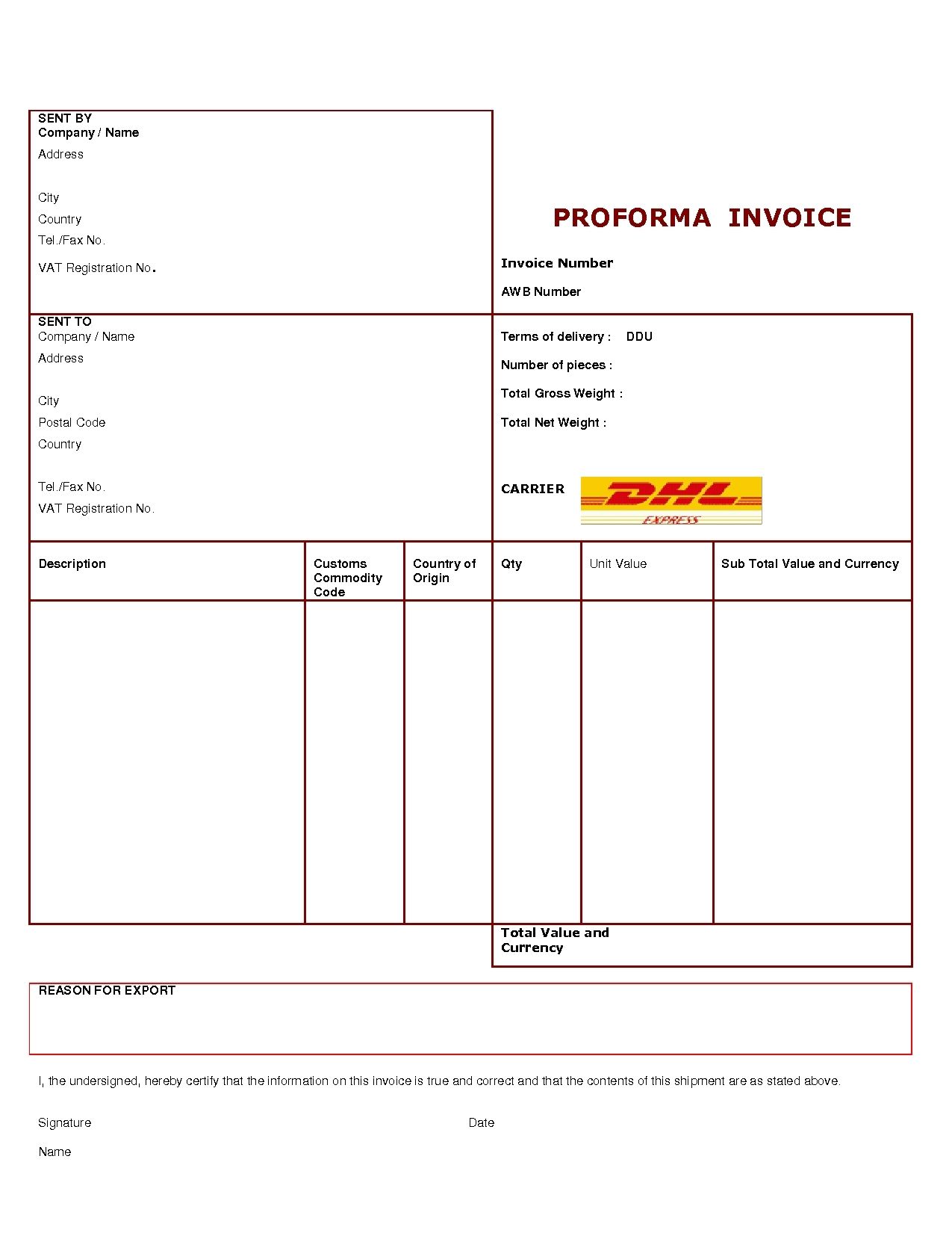 Shipment Receipt Dhl Invoice Template