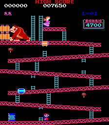 Captura de Donkey Kong, recreativa, Jumpman (Mario) comienza el ascenso por las plataformas para salvar a Pauline