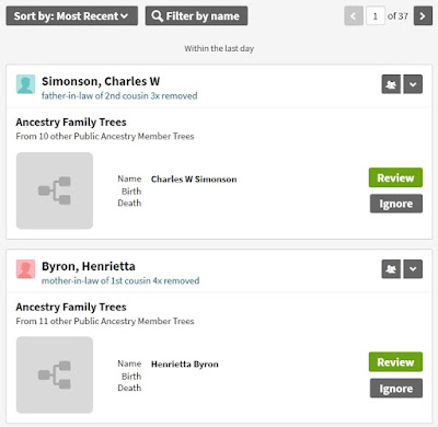 Screen capture from Ancestry Member Trees hints for McKinlay/McMullen tree