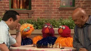 Gordon and Alan play chess. Elmo, Zoe and Telly start to do their cheering without noise. Sesame Street Episode 4420, Three Cheers for Us, Season 44
