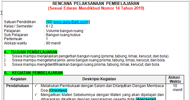 Download Rpp Matematika Kelas 6 1 Lembar Semester 2 K13 Revisi 2020 Terbaru Guru Baik