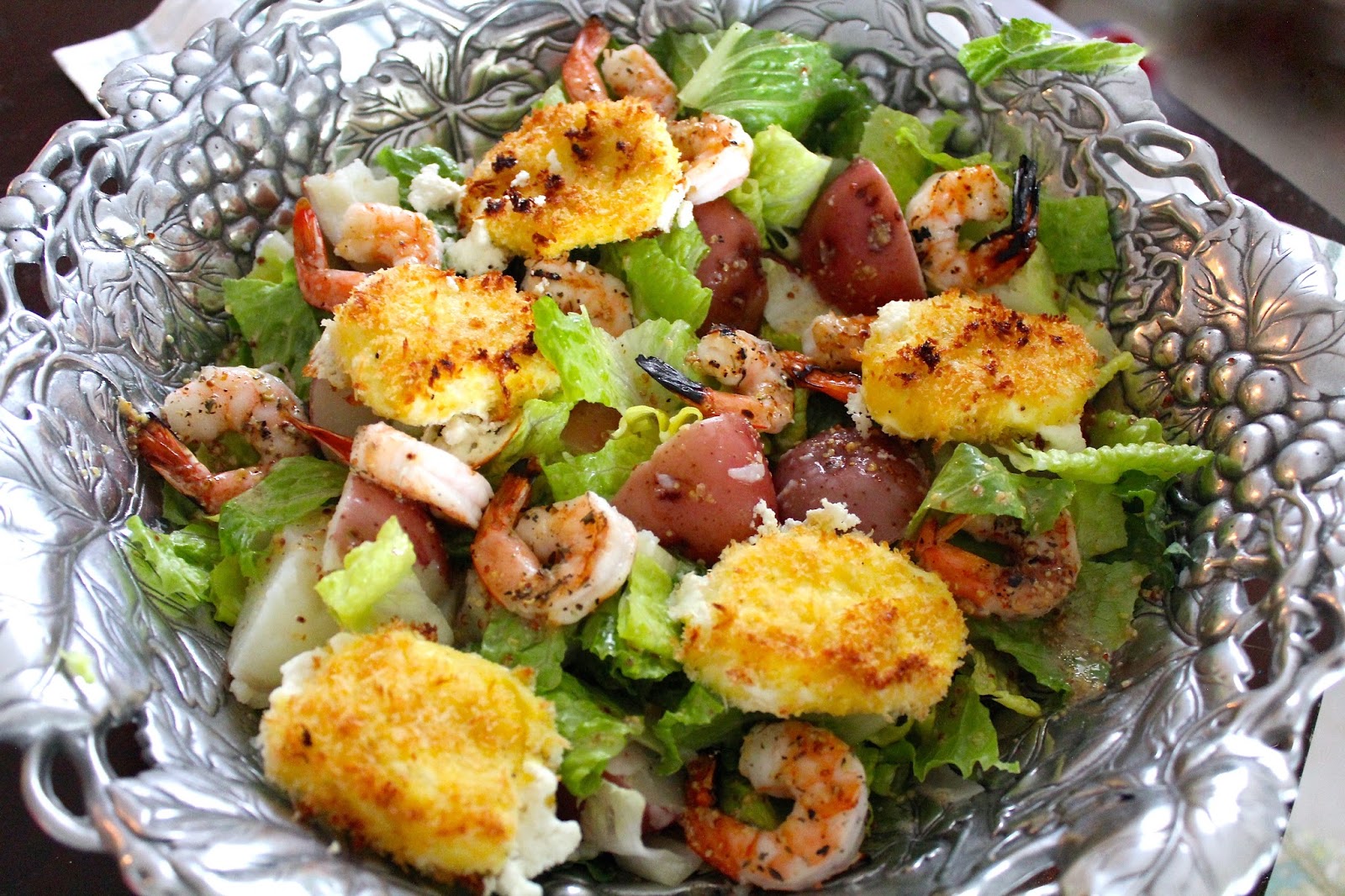 Crispy Goat Cheese Salad with Shrimp and Mustard Red Potatoes The
