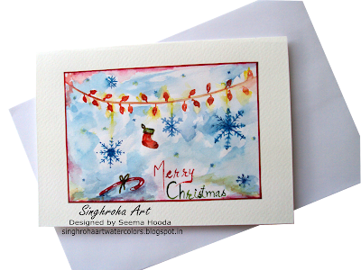 snowflakes, cardmaking, challenge, Christmas, christmasdecorations, christmascards, greetingcards, handmade, singhroha, watercolorcard, merrychristmas, candycane, illustration, #blue #card,lights