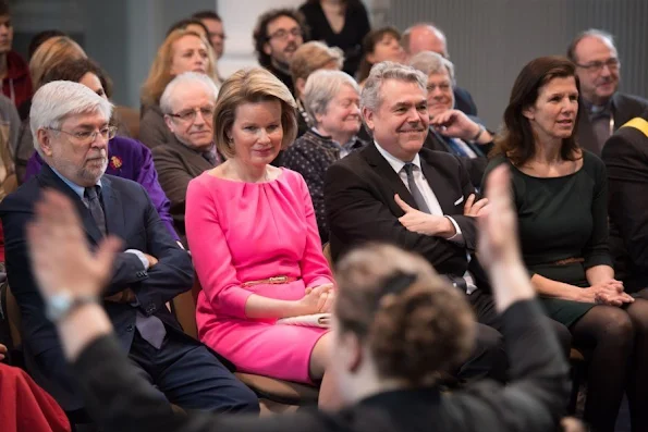 Queen Mathilde of Belgium meets with students during a visit to the Higher Institute of Music and Pedagogy