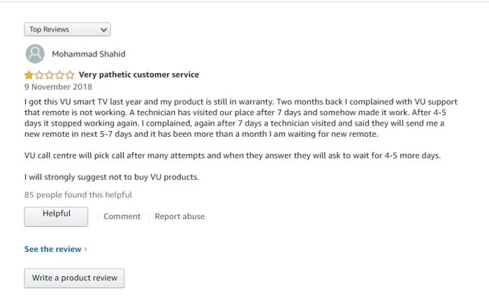 VU TV Customer Reviews Amazon