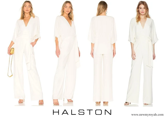 Princess Caroline wore HALSTON Wide Short Sleeve Wrap Front Jumpsuit with Waist Tie