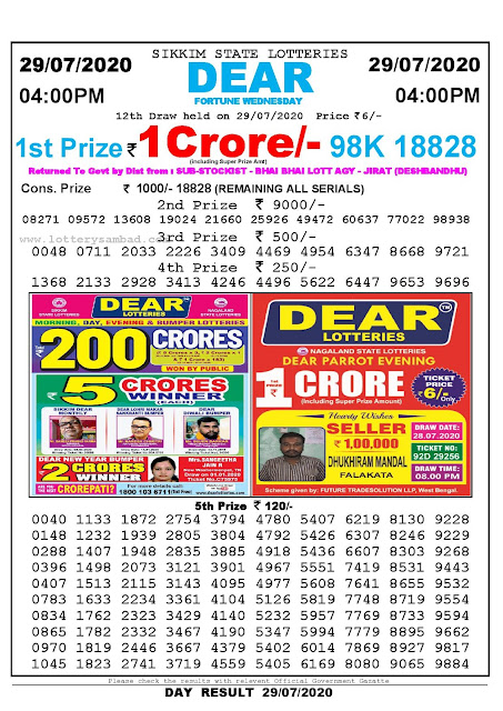 Sikkim State Lotteries 29-07-2020 Lottery Sambad Result 04:00 PM Sikkim State Lotteries 29-07-2020 Lottery Sambad Result 04:00 PM