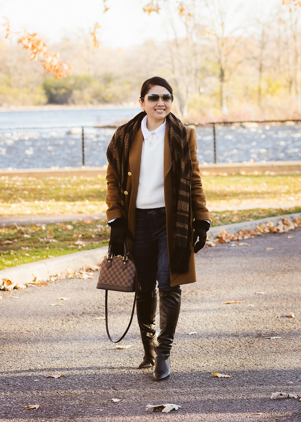 Franco Sarto Knee High Boots | HM Scarf | Ray-Ban Aviator Sunglasses | Mango Knit Vest | Louis Vuitton Alma BB | Fall Fashion | Petite Style | Lee Riders Long Sleeve Shirt | Old Navy Built-in Warm Jeggings