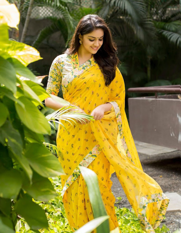Keerthy Suresh in yellow saree at Nadigaiyar Thilagam Promotions