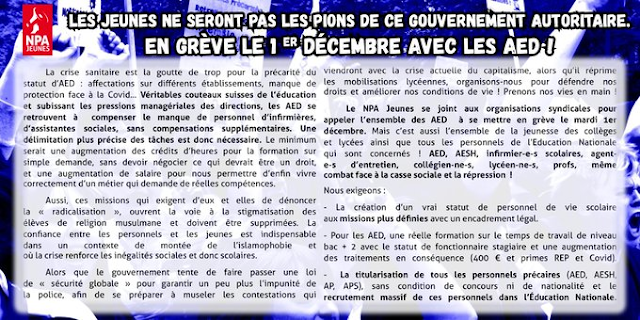 Communiqué du NPA Jeune pour la grève des AED du 1er décembre 2020.