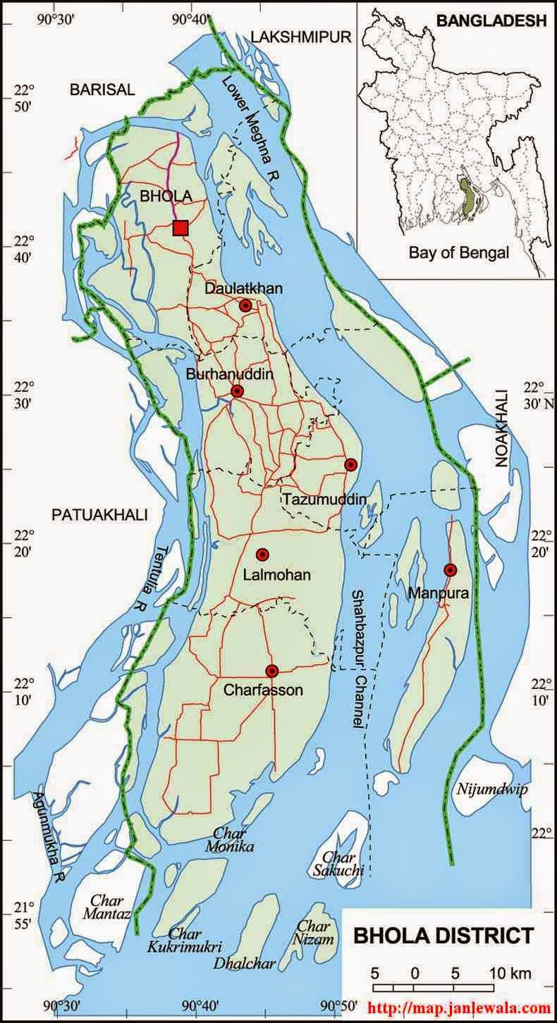 Bhola Zila Map, Barisal Division, Bangladesh