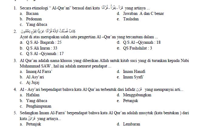 Soal UAS AlQur’an Hadits Kelas 10 Semester 1 K13 dan