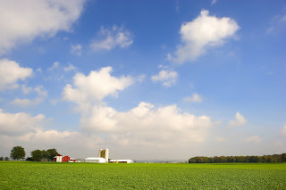 farm field with trees, farmhouse, and farm building in the background