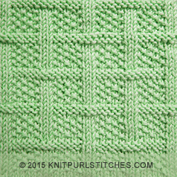 Square Lattice is another one of the knit and purl textured blocks that has a great optical illusion. Pay close attention to the seed stitch, which is the bumpy pattern in between the basketweave pieces. The seed stitch creates an interesting texture that makes for a dense, warm fabric, and it will lay flat so it works well for borders. It will make beautifully tailored suits, coats, or afghan squares and baby blankets.