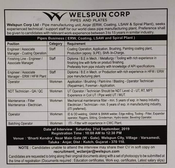 welspun Corp Company Walkin Interview Placement Jobs ITI Jobs And Diploma Jobs