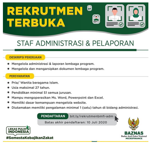 Lowongan Kerja Staf BAZNAS Microfinance Bulan Juli 2020 - REKRUTMEN