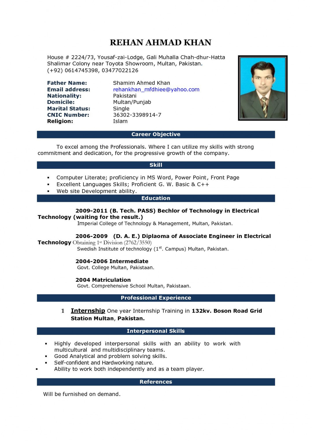 student resume format word download