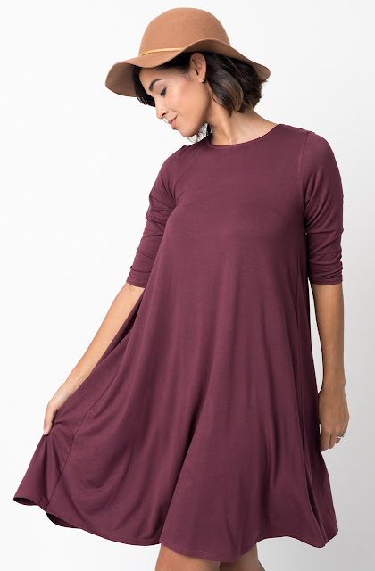 Shop for Red Brown Shirred Back Midi 3/4 sleeve jersey dress crew neck online on caralase.com