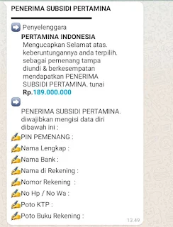 Hati-hati!!! SMS Penipuan Atas Nama Subsidi Pertamina Rp. 189 Juta