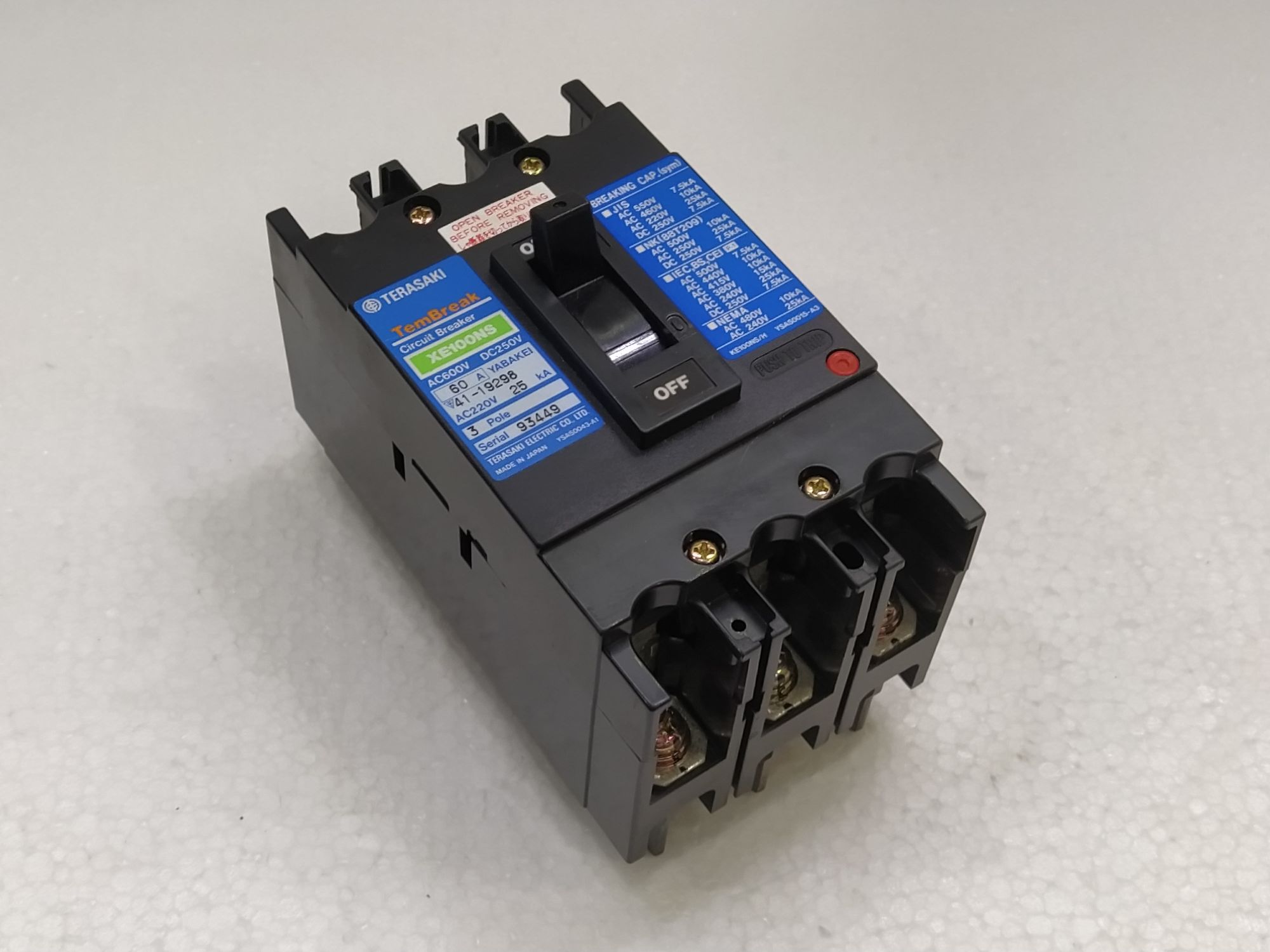 TERASAKI TEMBREAK XE100NS CIRCUIT BREAKER 60A AC600V DC250V 3POLE