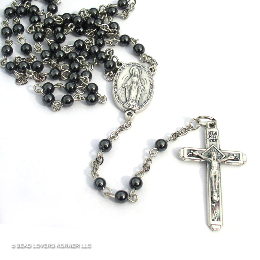Men's Catholic Hematite Rosary - 8MM Beads With Metal Cross For Prayer