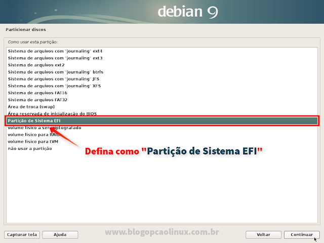 E selecione a opção "Partição de Sistema EFI"