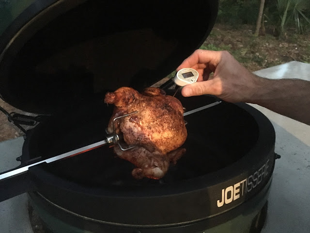 Juiciest rotisserie chicken roasted on a Big Green Egg using the JoeTisserie.  Served with "Beets & Sweets" | The Lowcountry Lady