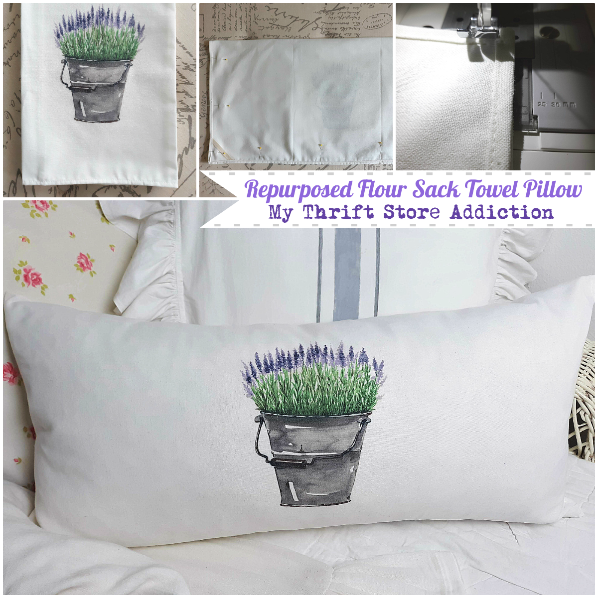 farmhouse pillow repurposed from flour sack towel