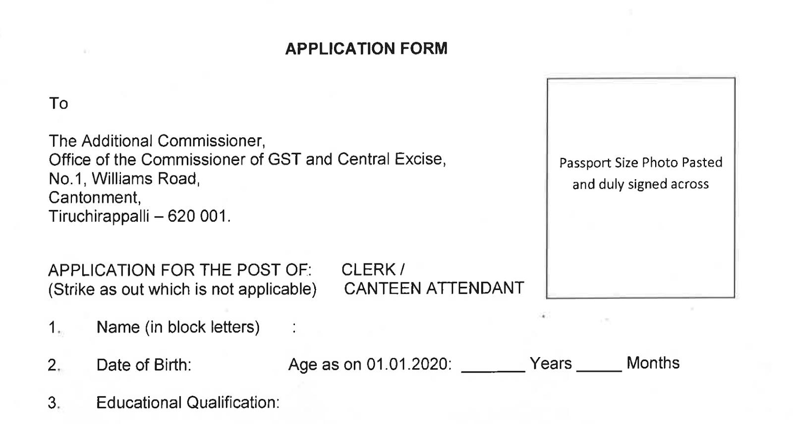 Central Excise Department Canteen Attendant Recruitment 2020 Clerk