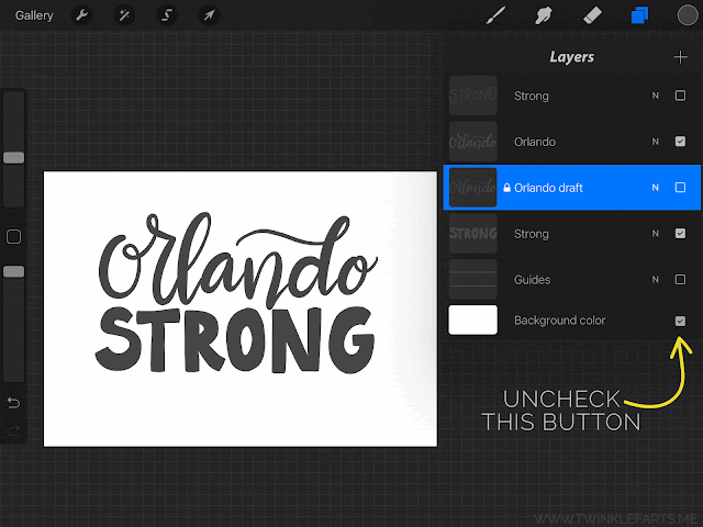 Uncheck background layer for transparent background in Procreate ipad procreate silhouette studio, drawing app, doodling app, hand lettering app
