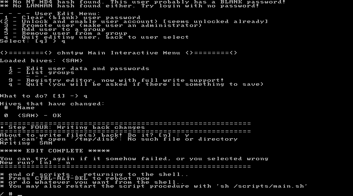 Offline NT Password & Registry Editor, Reboot Offline NT Password & Registry Editor, Reboot