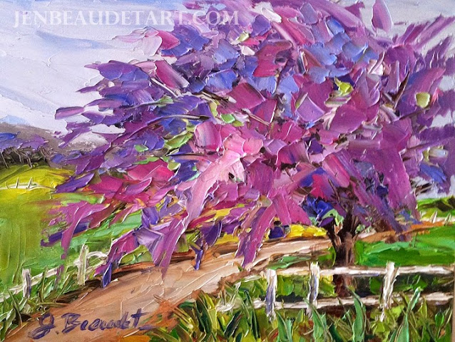 purple jacaranda tree painting palette knife oil by Jen Beaudet Zondervan