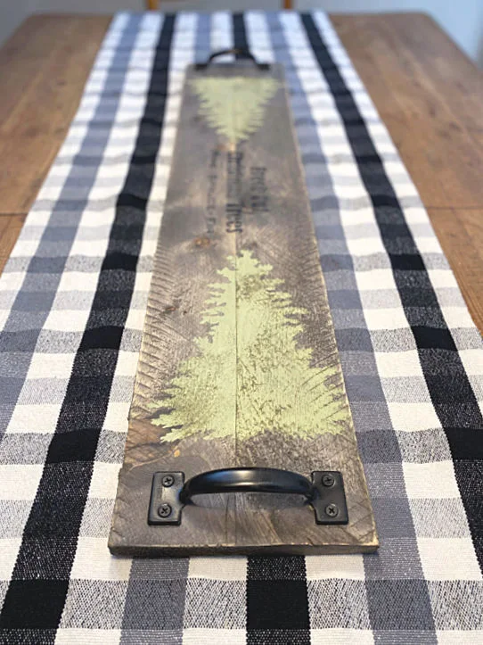 Wooden table runner on a buffalo checked table cloth
