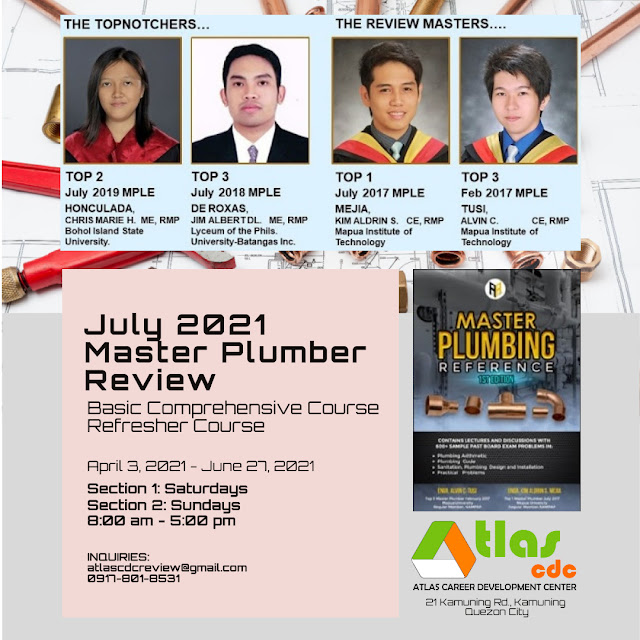 Master Plumber Review Schedule for July2021 MPLE ATLAS CDC Review Center