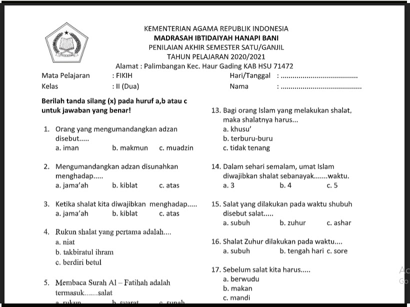 √ √ Unduh Contoh Soal PAS Fikih MI Kelas 2 Semester 1 √ √ Unduh Contoh Soal PAS Fikih MI Kelas 2 Semester 1