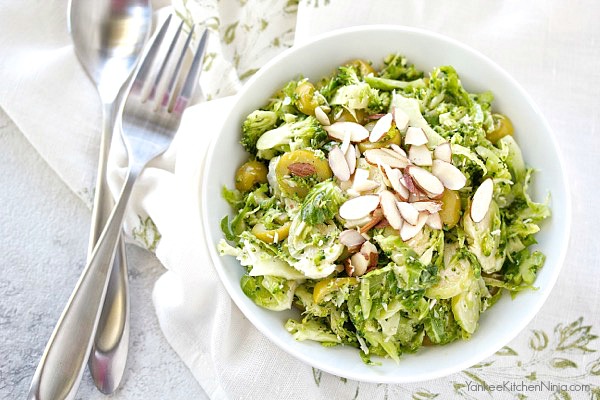Broccoli and Brussels sprout slaw with olives and almonds