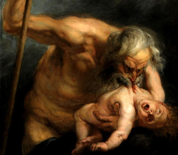 a monstrous-looking old man seems to be taking a bite out of the chest of a screaming toddler