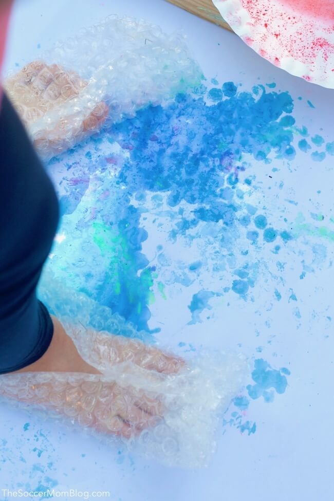 stomping bubble wrap painting - summer camp activities