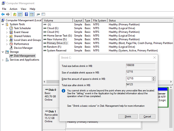 Windows 10 磁盘管理工具中的收缩卷