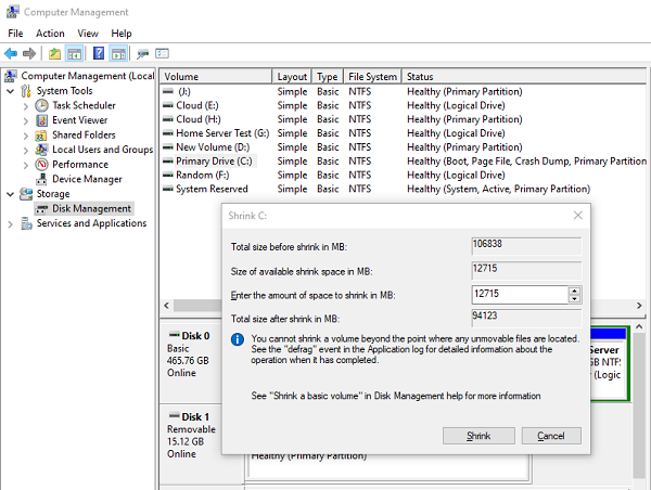 Réduire le volume dans l'outil de gestion de disque de Windows 10